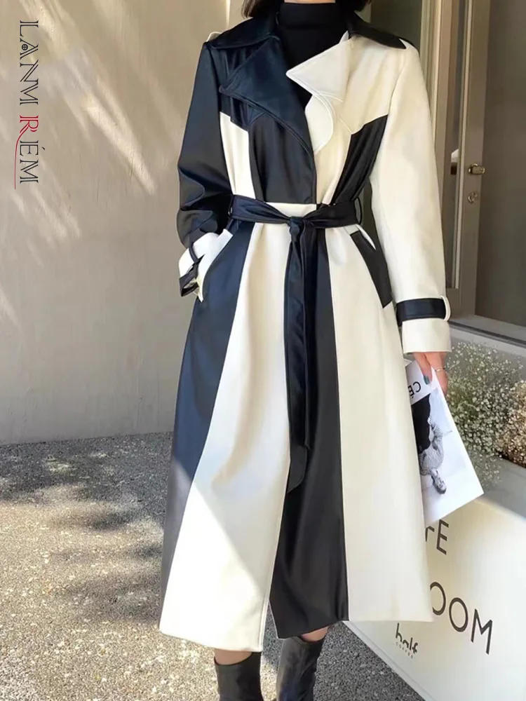 LANMREM Retro PU Leather Trench Coat Women Contrast Color Lapel Belt Mid Length Windbreaker Fashion 2023 Autumn New 2AA1440 
LANMREM Retro PU Leather Trench Coat Women Contrast Color Lapel Belt Mid Length Windbreaker Fashion 2023 Autumn New 2AA1440