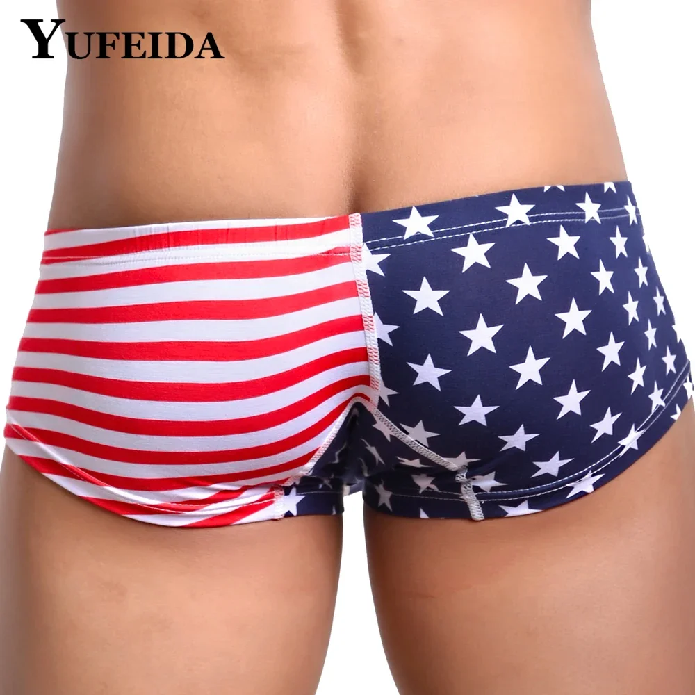 

YUFEIDA Sexy Men's Mini Boxer Shorts USA Flag Printed Men Trunks New Low Waist U Convex Pouch Man Boxers Gay Penis Pouch Panties