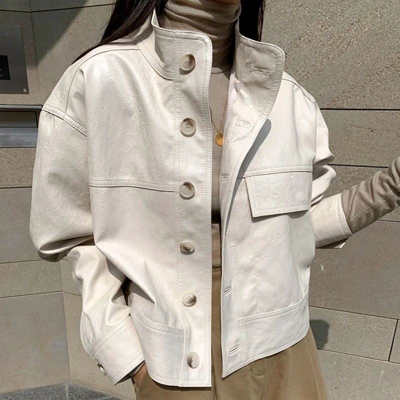 Korean Stand Collar Single-breasted Women Short Faux PU Leather Coat Spring Autumn Black Beige Female Biker Jacket Streetwear
Korean Stand Collar Single-breasted Women Short Faux PU Leather Coat Spring Autumn Black Beige Female Biker Jacket Streetwear