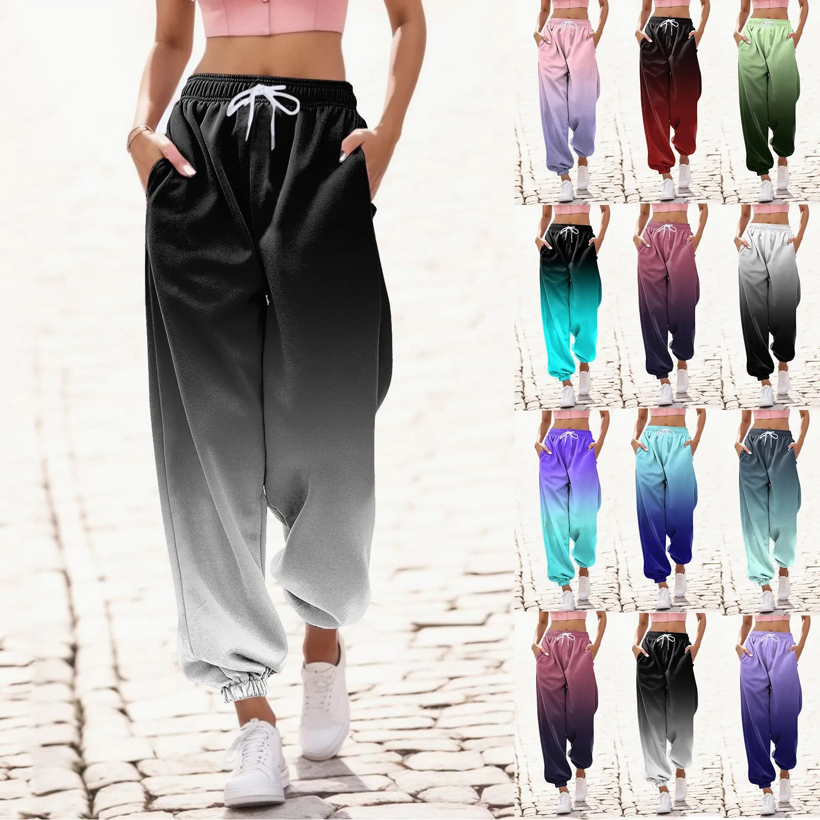 

2023 Streetwear Y2k Pants For Women High Waist Baggy Pockets Harem Pants Parachute Sweatpants Gradient Printed Casual Trousers