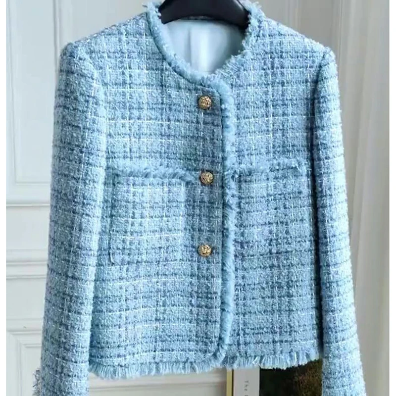 Elegant Blue Tweed Coat Women Autumn New2024 Fashion Short Tassel Casual Jacket Female Luxury Plaid Overcoat Single-breasted Top
Elegant Blue Tweed Coat Women Autumn New2024 Fashion Short Tassel Casual Jacket Female Luxury Plaid Overcoat Single-breasted Top