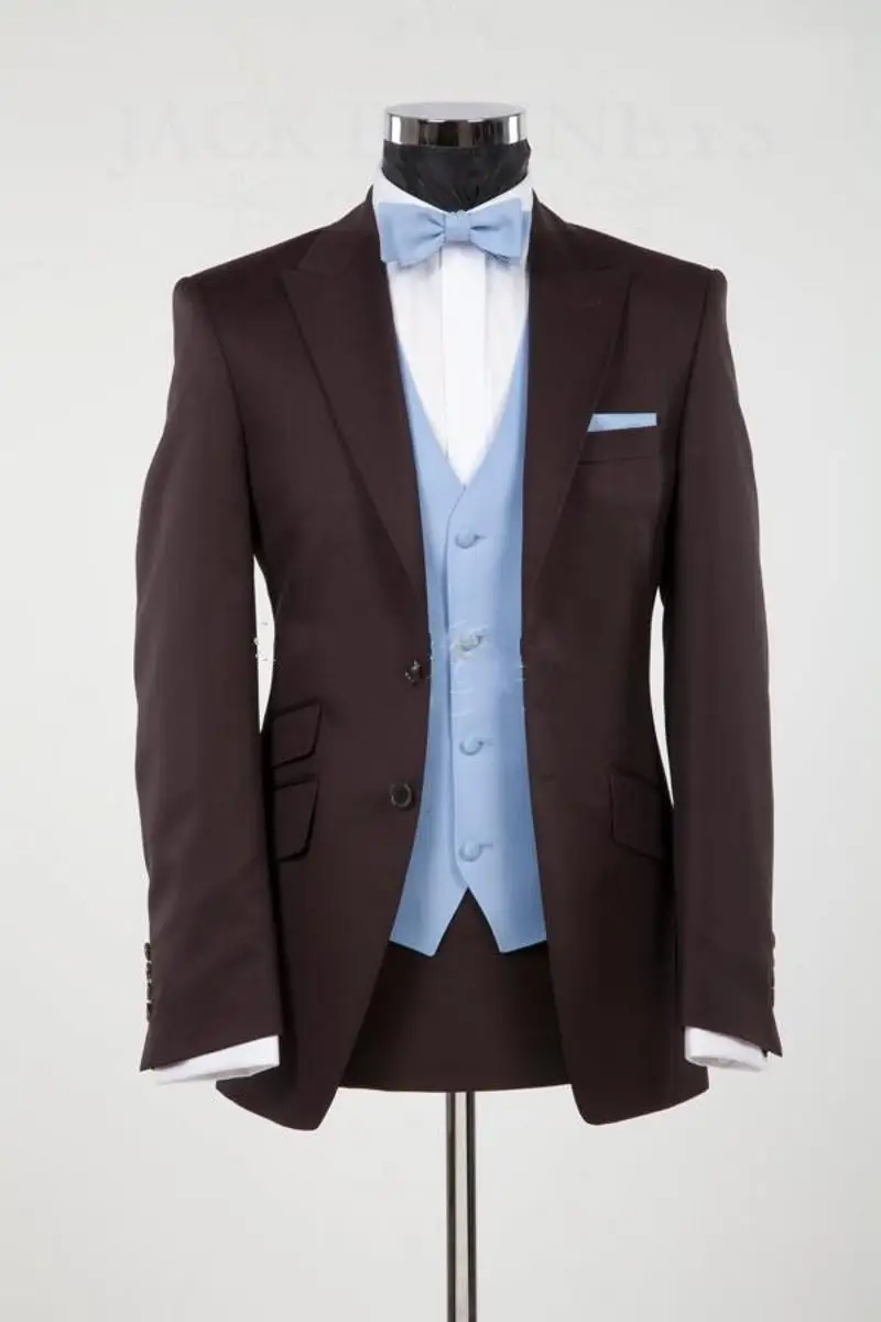 

Handsome Chocolate Man Work Business Suit Peak Lapel Men Prom Party Business Suit Groom Tuxedos (Jacket+Pants+Vest+Tie)