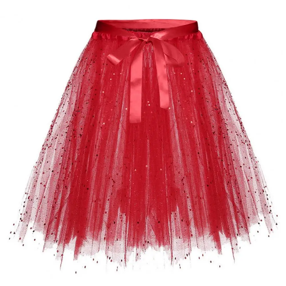 

Women Polyester Fiber Skirt Sparkling Sequin Mesh Skirt with Bow Detail Multi-layered A-line Design Elastic Waistband for Stage