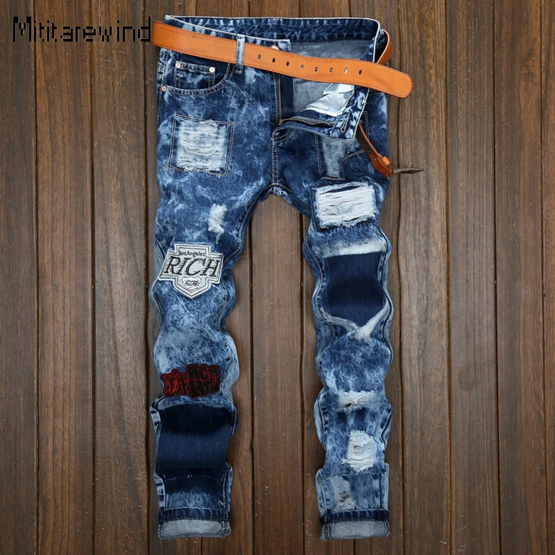 

New Patch Ripped Jeans for Men Hip Hop Y2k Streetwear Snowflake Wash Distressed Design Straight Jeans Youth Fashion Denim Pants
