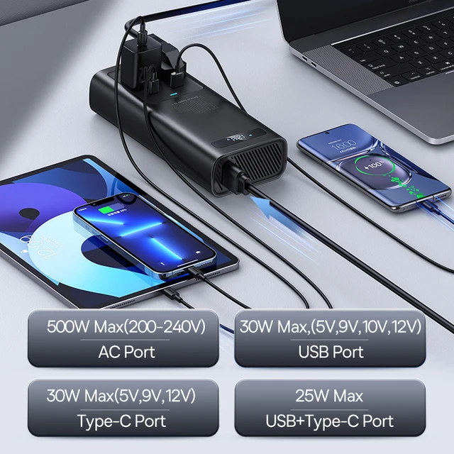 Bas192.- Onduleur de voiture avec affichage numérique, onduleur automatique, chargeur rapide USB Type C, adaptateur secteur, DC 12V à AC 300 V, 220 W 2