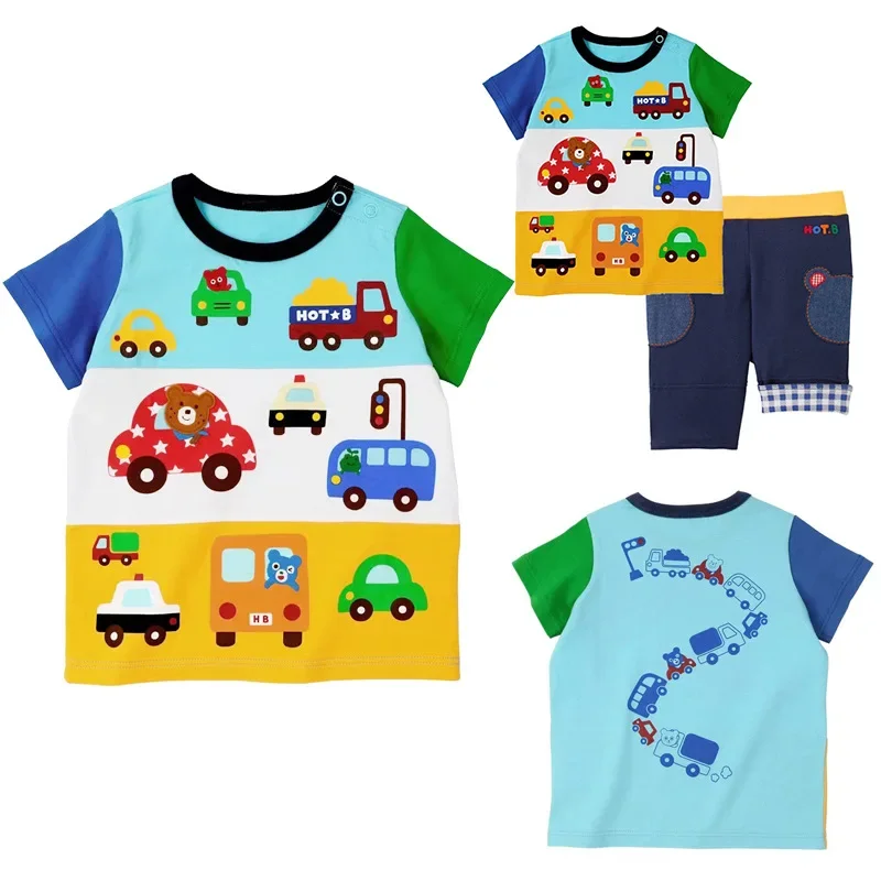 

2024 Summer New Boys' Cartoon Pockmarked Bear Car Embroidery Color-blocked Short Sleeve T-shirt