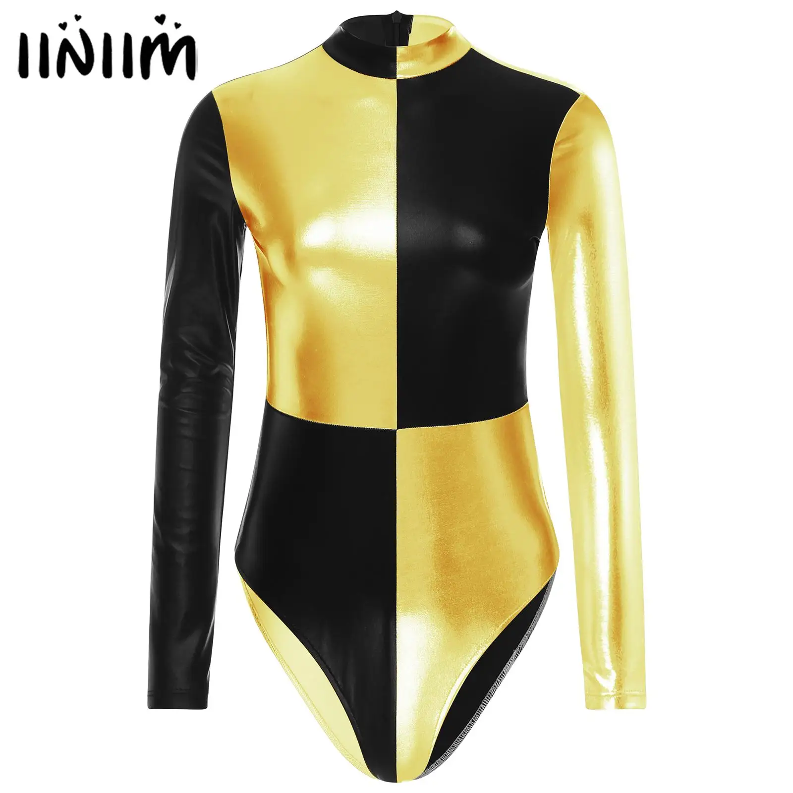 

Womens Long Sleeve Bodysuit for Pole Dancing Metallic Shiny Mock Neck Catsuit Invisible Zipper Back Leotard Cosplay Clubwear