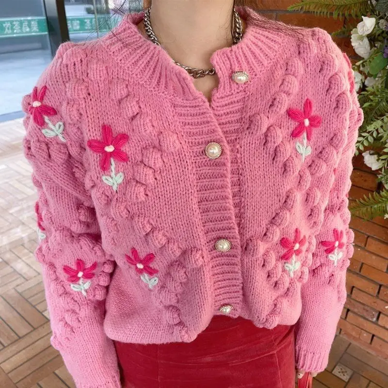 

2022 Autumn New Fashion Gentle Wind Pink Flower Sweater Cardigan Coat Women Sexy Knitted Top All-match Boutique Clothing