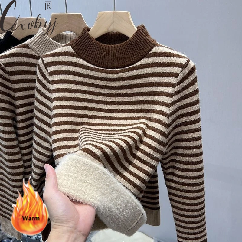 Stripe Plus Velvet Winter Sweater Women Korean Fashion Half High Collar Knit Pullover Oversized Loose Long Sleeve Knitwear Top
Stripe Plus Velvet Winter Sweater Women Korean Fashion Half High Collar Knit Pullover Oversized Loose Long Sleeve Knitwear Top