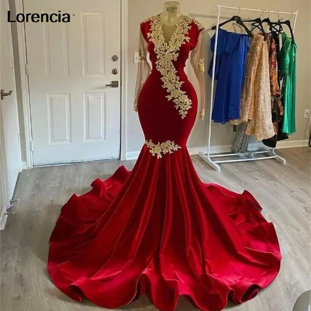 

Lorencia Red Velvet Mermaid Prom Dress For Black Girls Gold Lace Applique Beading Long Sleeve Party Gown Robe De Soiree YPD79