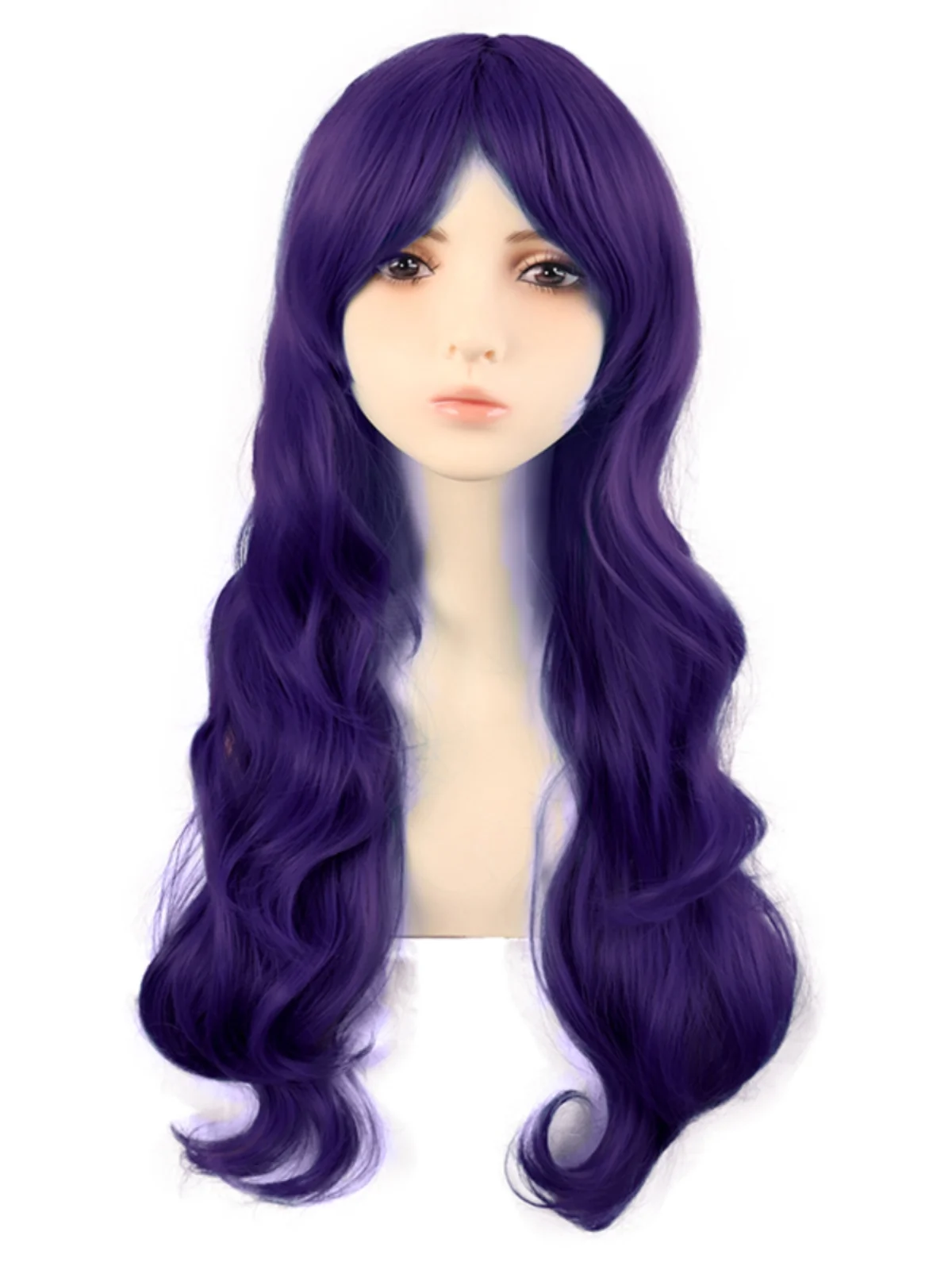 

Cos Wig Female Long Hair Anime Big Wave Curly 70cm Dark Purple Qi Side Bangs Headgear