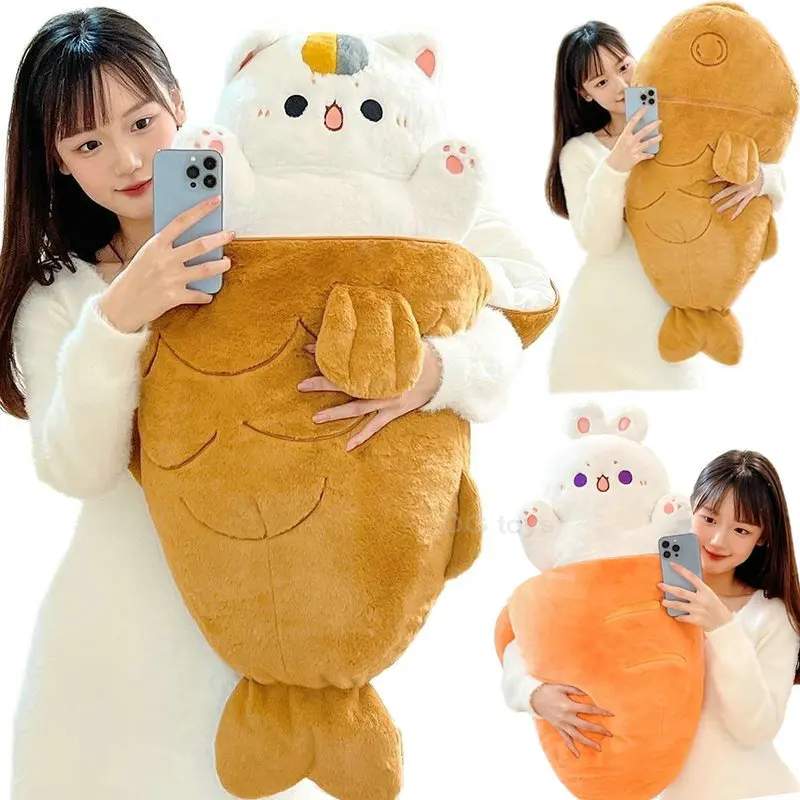 

80X45cm Kawaii Taiyaki Cat Plush Toy Rabbit Hiding in Carrot Dog in Big Bones Ferry Animals Plushie Throw Pillow For Kids Girl