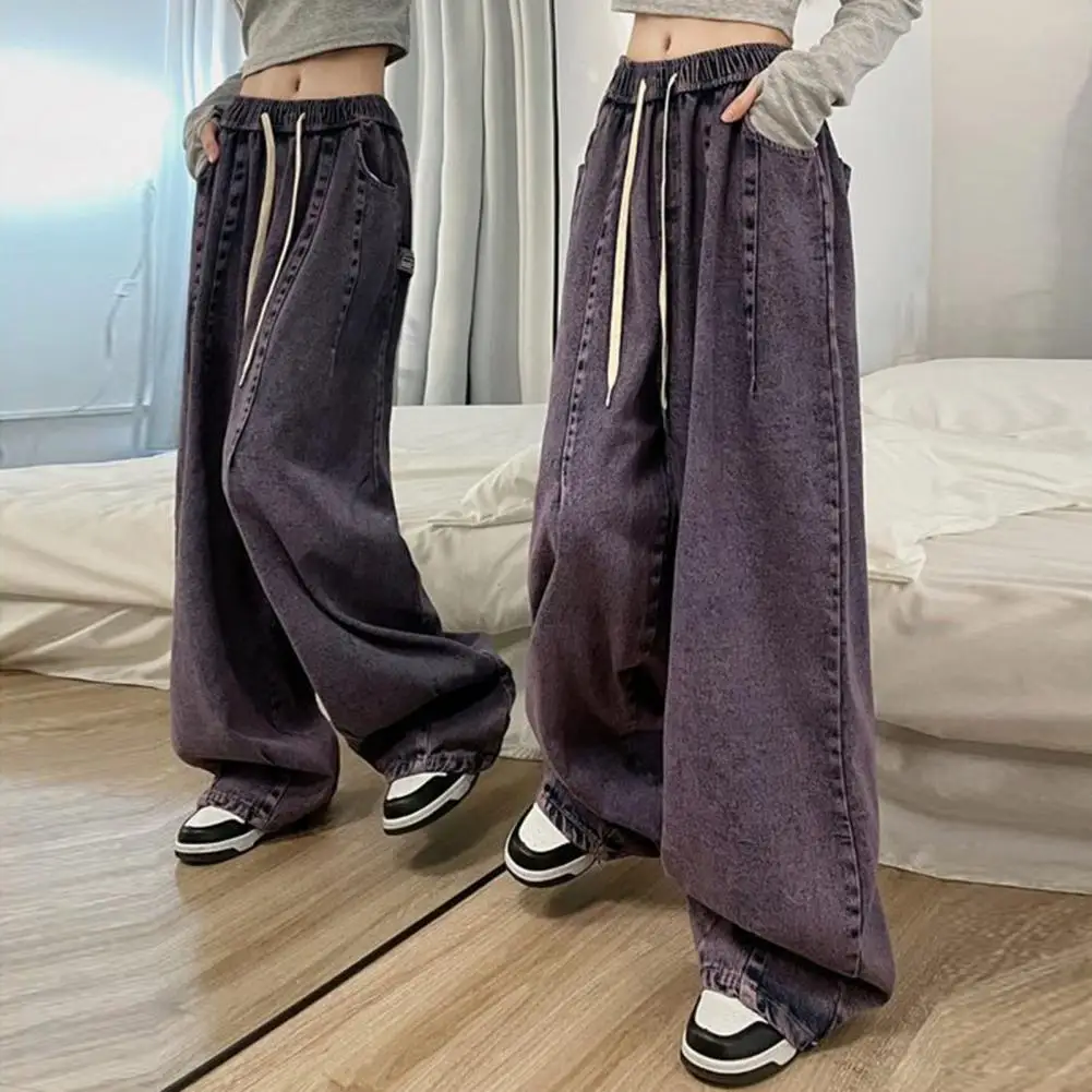 

Unisex Denim Jeans Vintage Wide Leg Denim Jeans with Elastic Waist Crotch Pockets for Women Hop Streetwear Fashion Statement