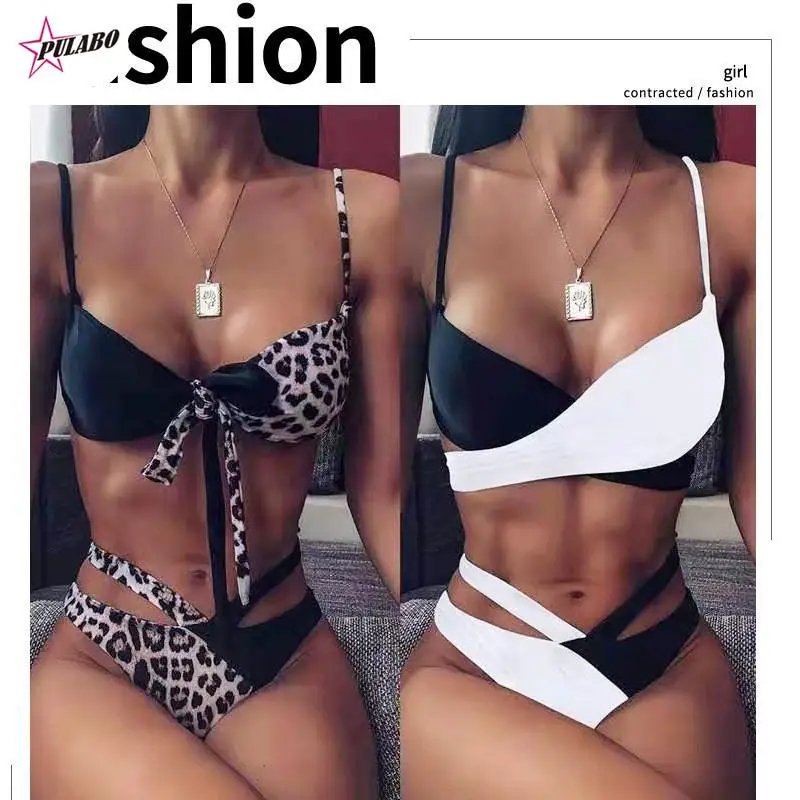 

PULABO Women Sexy High Waist Bikini Set Summer Leopard Snake Print Push Up Swimsuits Bandeau Thong Brazilian Biquini Bathing