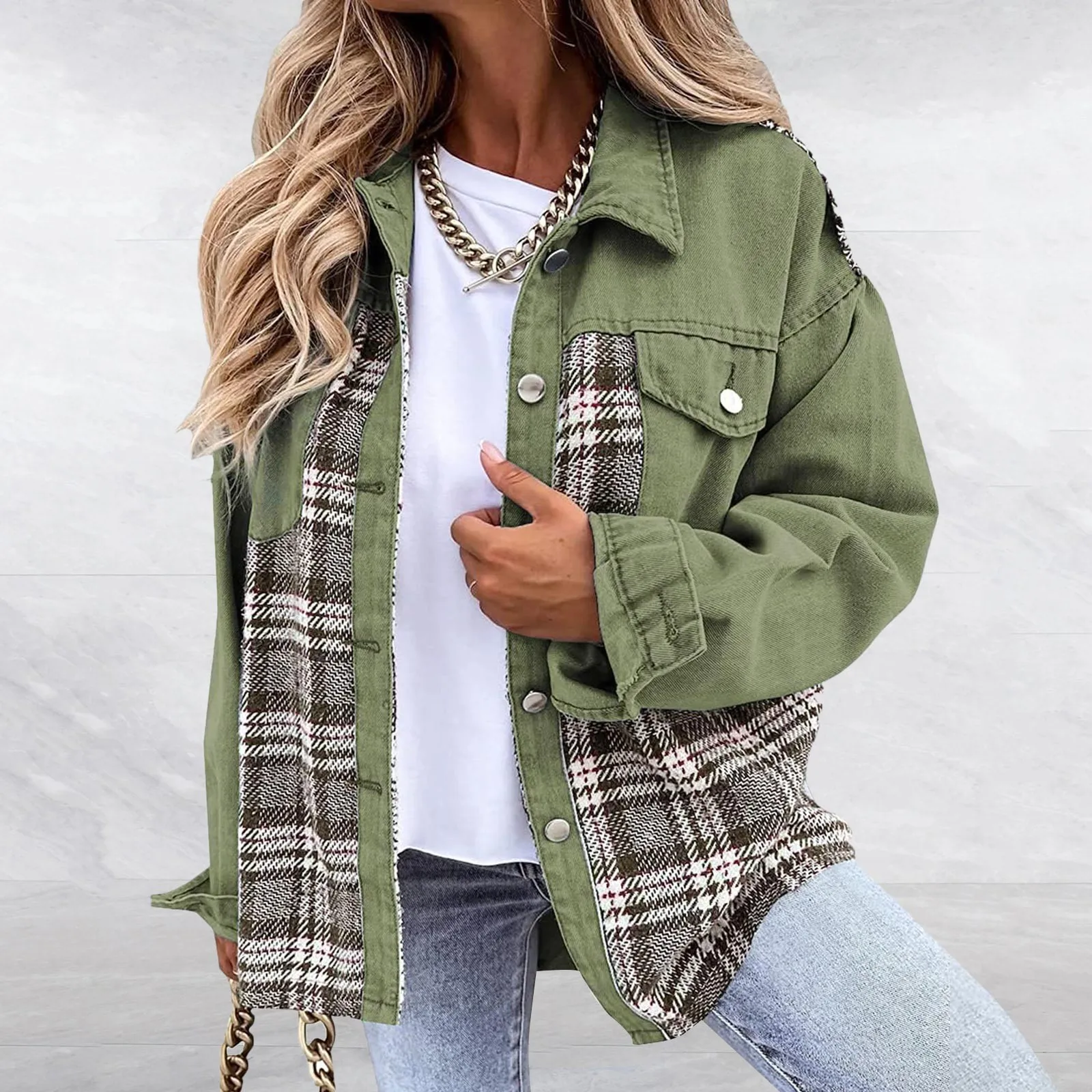 Fashion Casual Plaid Jacket Women Autumn And Winter Loose Denim Plaid Fashion Long Sleeve Jacket Large Size Women's Casual Coats
Fashion Casual Plaid Jacket Women Autumn And Winter Loose Denim Plaid Fashion Long Sleeve Jacket Large Size Women's Casual Coats