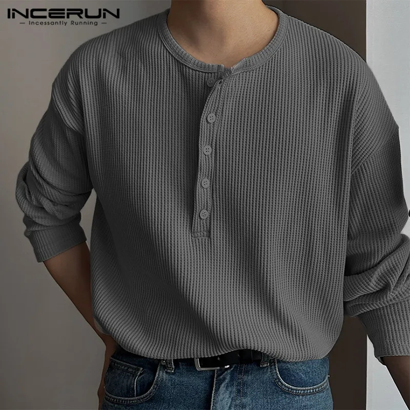 

INCERUN Tops 2024 Korean Style Handsome Men Solid Half Open T-shirts Casual Well Fitting Male O-neck Long Sleeved Camiseta S-5XL