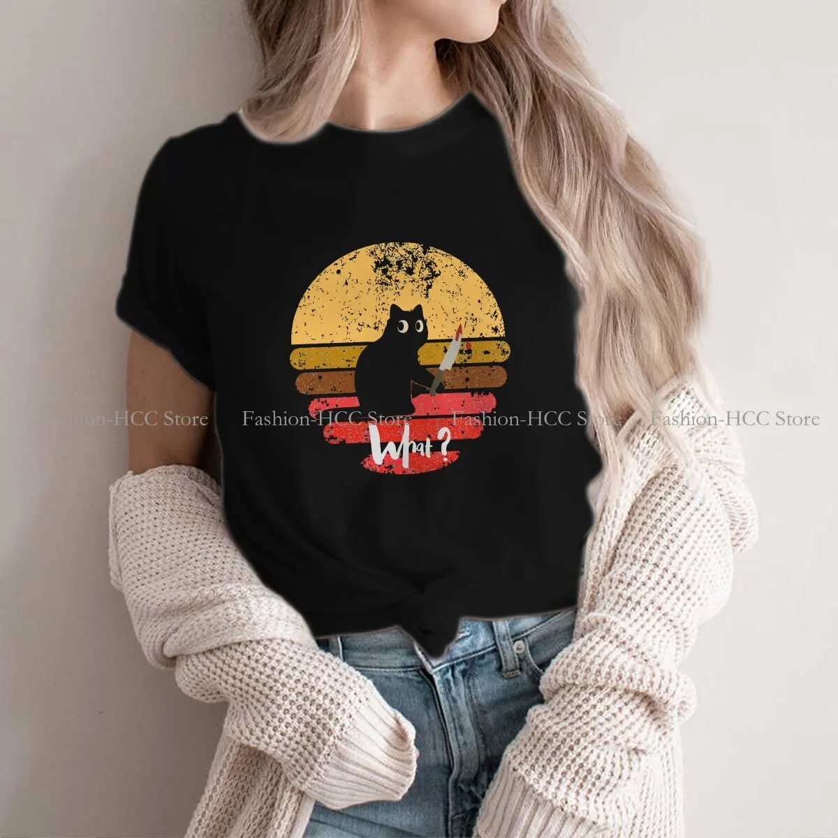 

Cat What Murderous Polyester TShirt for Women With Knife Soft Leisure Sweatshirts T Shirt High Quality New Design