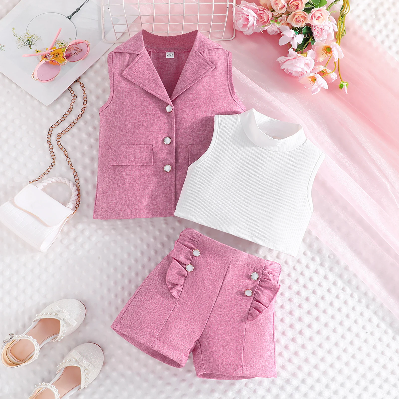 

3-8Y Kids Girl Summer Outfits Solid Color Sleeveless Tank Tops Buttons Blazer Waistcoat Ruffles Shorts 3Pcs Clothes Set