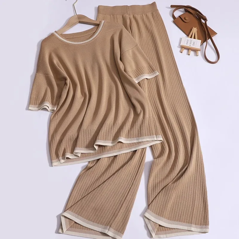 New Knit Pants Suit Summer Simple Fashion O Neck Short-sleeved Tops Pit Slim Pants Women Contrast Knitted Two-piece Sets
New Knit Pants Suit Summer Simple Fashion O Neck Short-sleeved Tops Pit Slim Pants Women Contrast Knitted Two-piece Sets