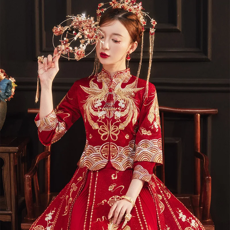 

New Bride Phoenix Embroidery Wedding Dress Chinese Style Marriage Set Oriental Mandarin Collar Cheongsam Toast Clothing