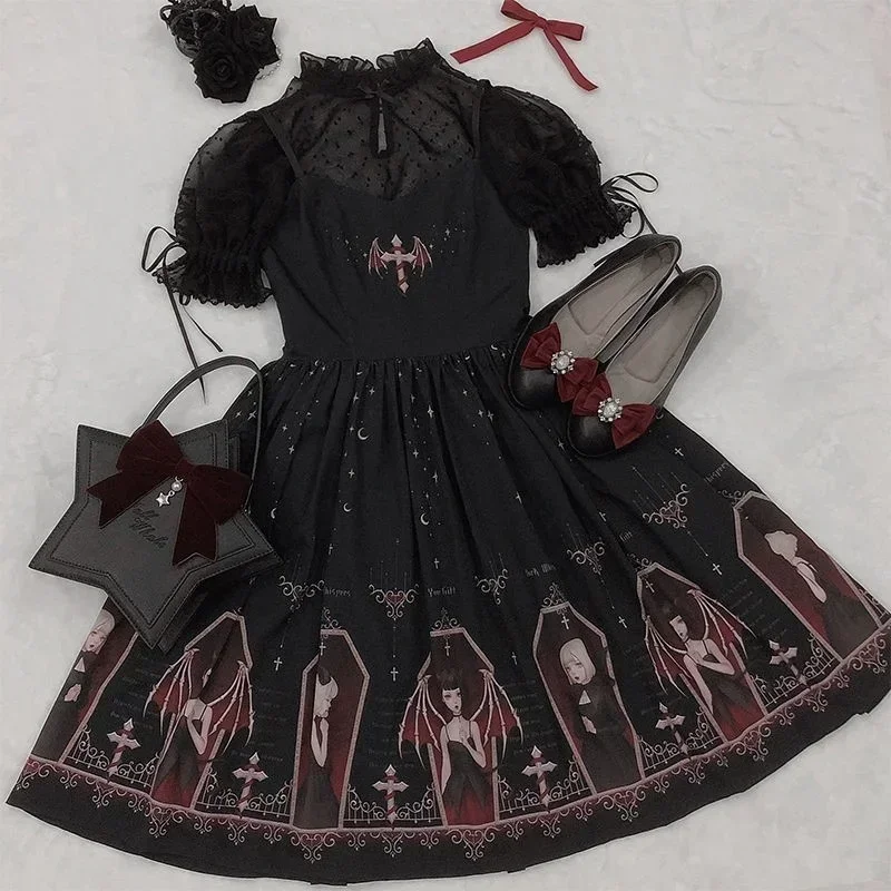 Dark Gothic Devil Print Dress Black Japanese Style Lolita Jsk Victorian Suspender Dress Loli Sexy Sweet Goth Bandage Dresses
Dark Gothic Devil Print Dress Black Japanese Style Lolita Jsk Victorian Suspender Dress Loli Sexy Sweet Goth Bandage Dresses