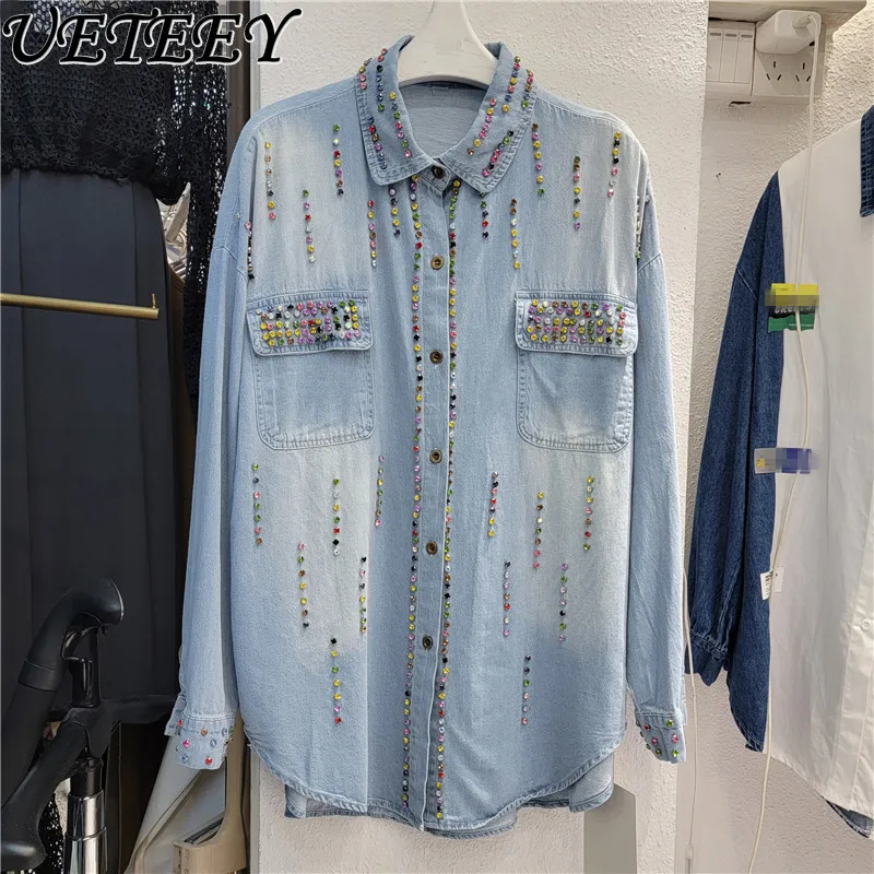 Korean Heavy Industry Beads Colorful Crystals Denim Shirt Women's Spring 2023 New Loose Polo Collar Single-Breasted Tops
Korean Heavy Industry Beads Colorful Crystals Denim Shirt Women's Spring 2023 New Loose Polo Collar Single-Breasted Tops