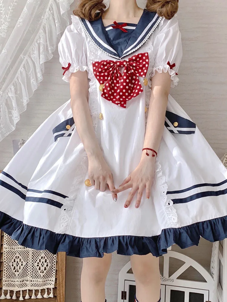 

KIMOKOKM Lolita Style Sweety Girly Dress Kawaii Sailor Collar Bow Contrasting Colors Printing Puff Sleeve Lace Ruffles Dresses