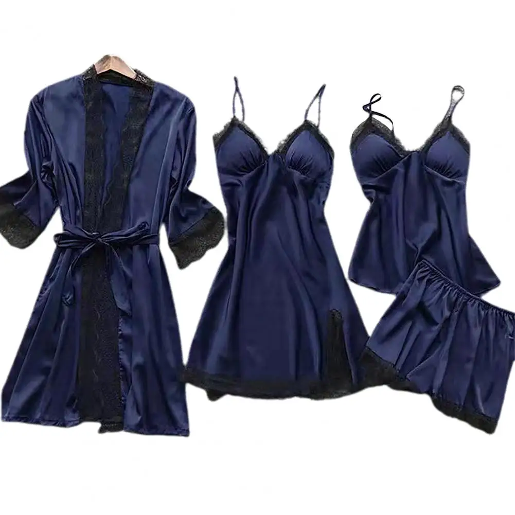 

Lace Splicing Pajama Set Silky Lace Pajamas Set with Spaghetti Strap Top Pleated Cardigan Coat 4 Piece Homewear for Women