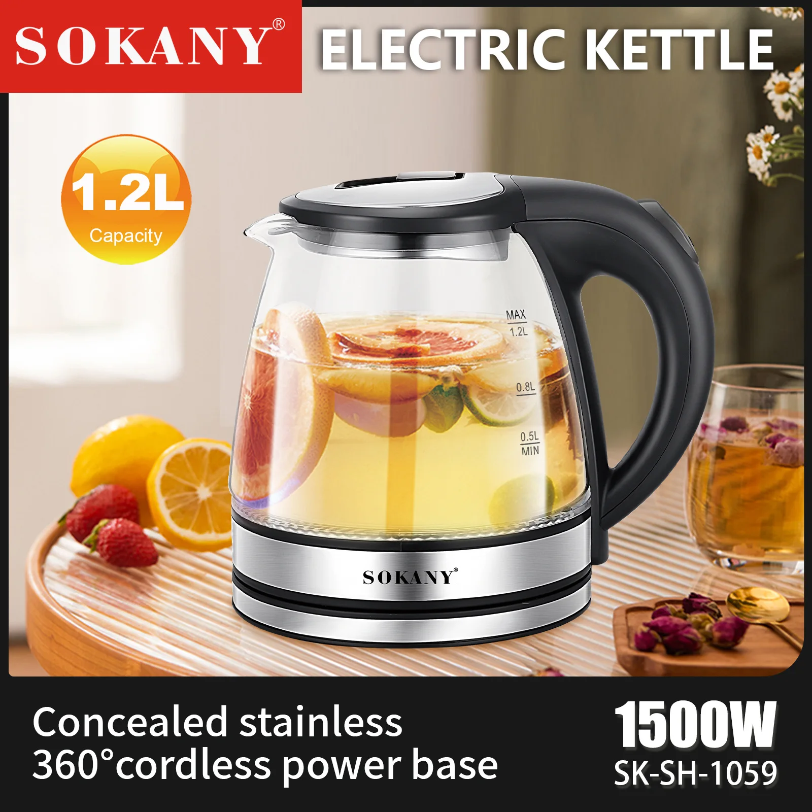 SOKANY 1.2L Mini Electric Kettle Tea Coffee Stainless Steel 1500W Portable Travel Water Boiler Pot for Hotel Family Trip
SOKANY 1.2L Mini Electric Kettle Tea Coffee Stainless Steel 1500W Portable Travel Water Boiler Pot for Hotel Family Trip