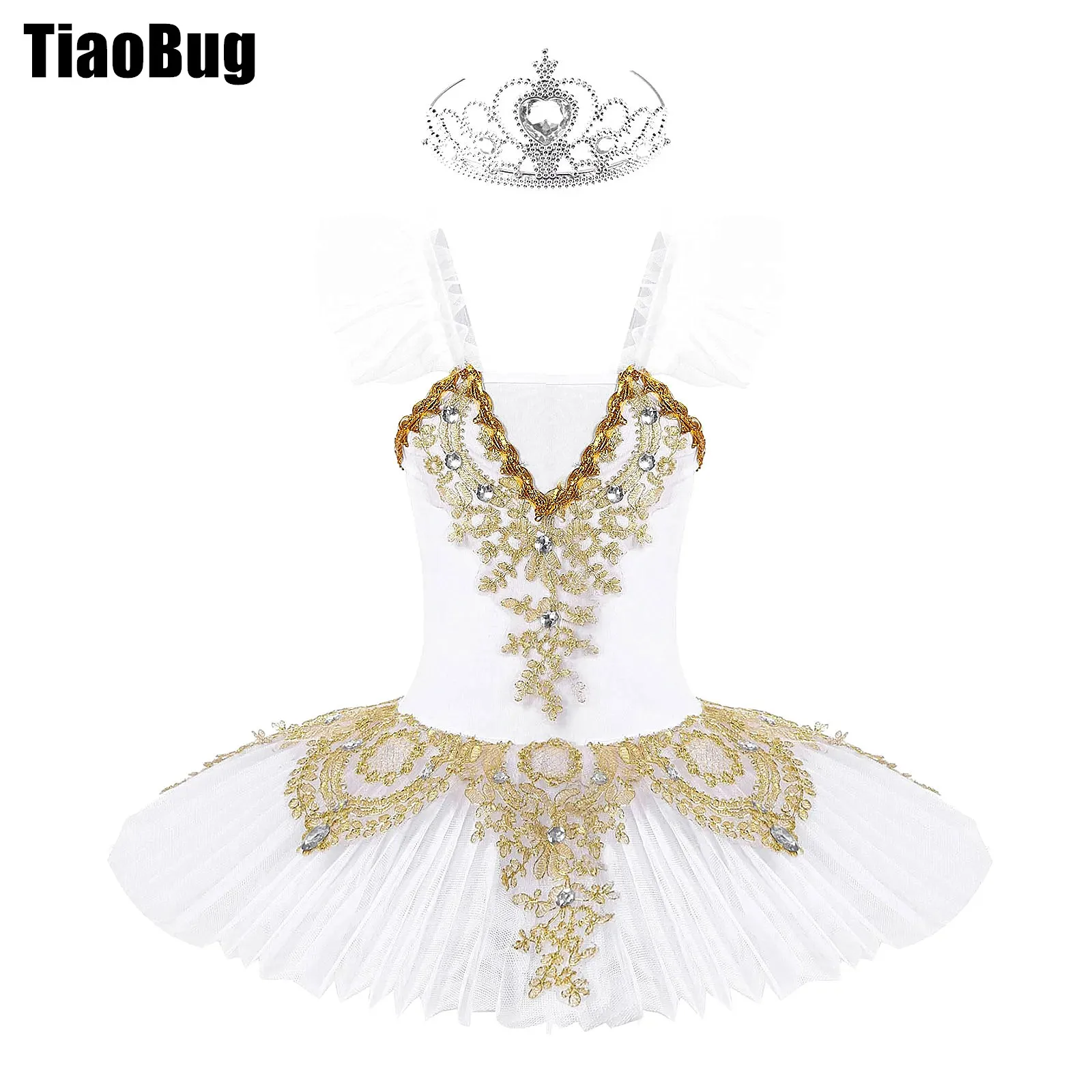 

Girls Ballet Dance Dress Skirted Leotards Tutu Princess Dress with Headwear With V Neckline Ruffle Shoulder Decoration