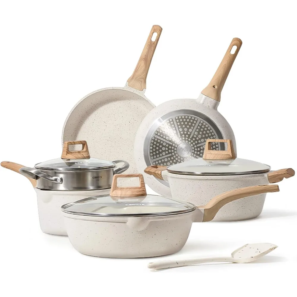 

CAROTE Pots and Pans Set Nonstick, White Granite Induction Kitchen Cookware Set, 10 Pcs Non Stick Cooking Set w/Frying Pans & Sa