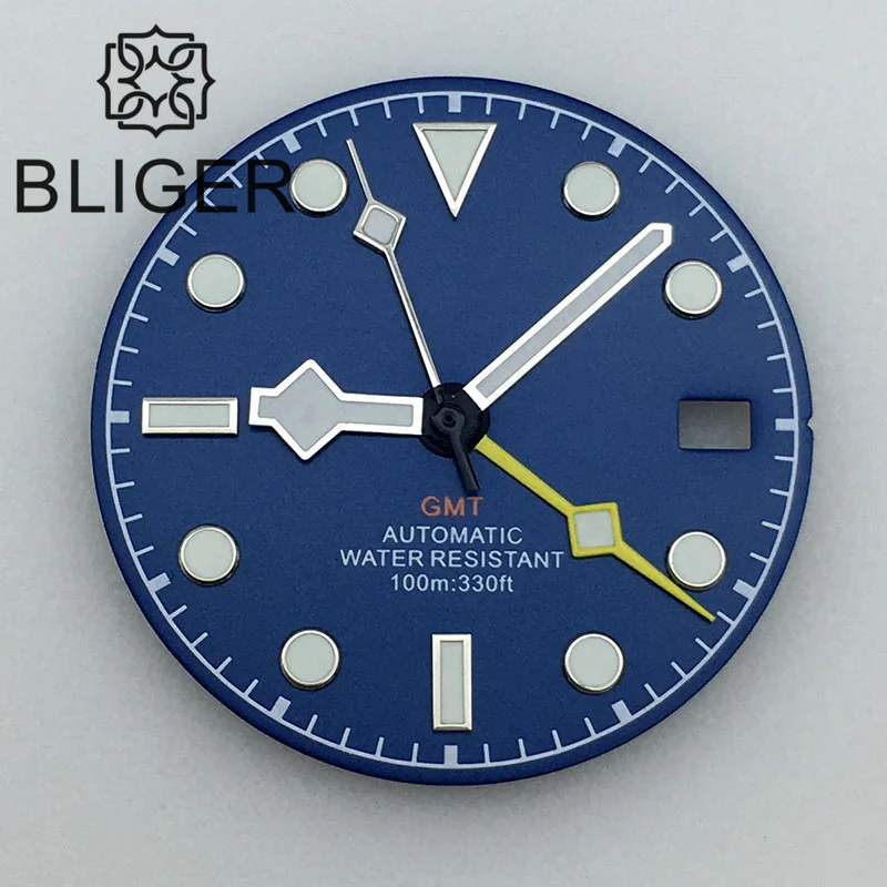 

BLIGER 29mm BLUE Watch Dial Hands 4PCS Fit NH34 GMT Movement Green Lumious 3 O'clock Crown Date Window