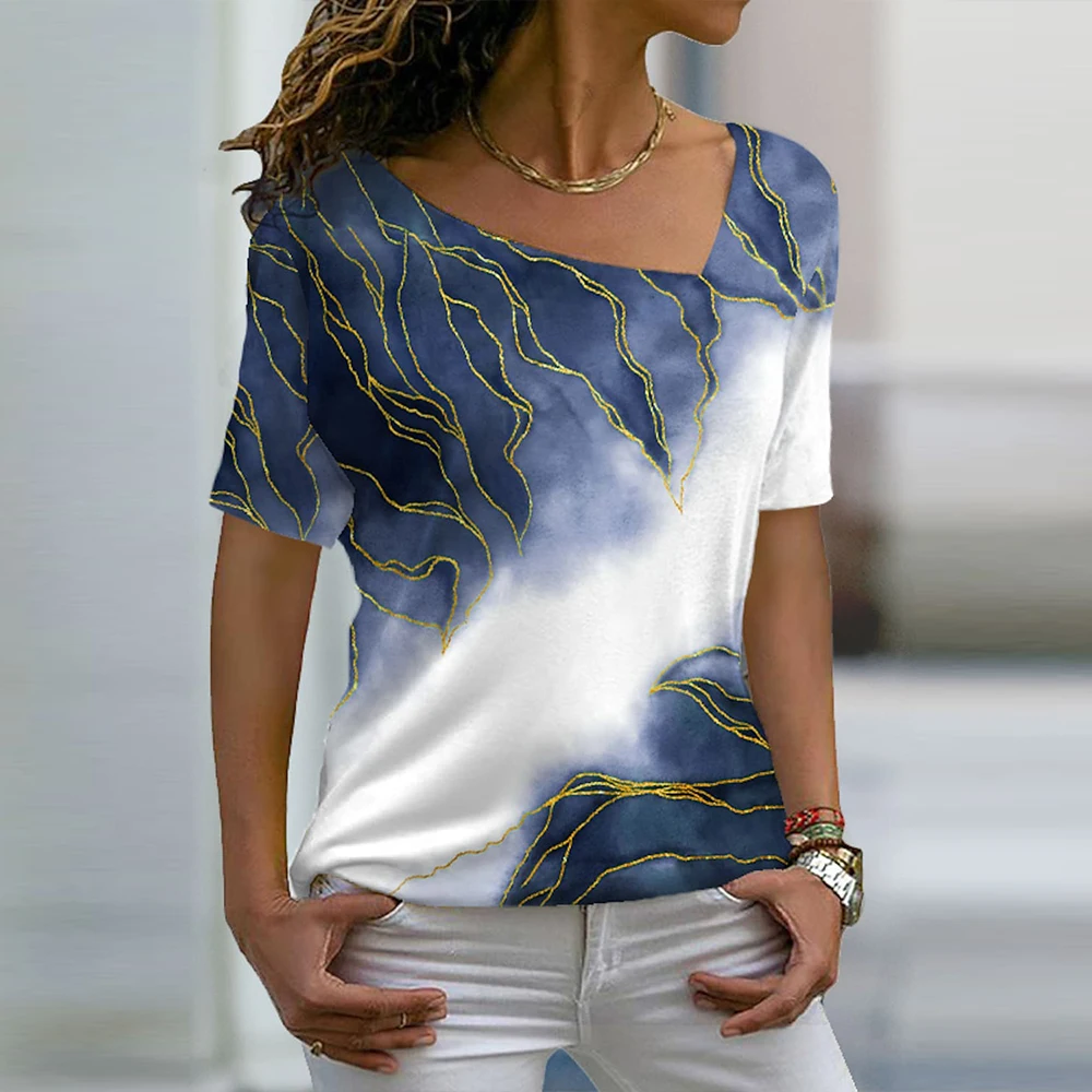Women Spring Summer Printed Casual V-Neck Tunic Short Sleeve Tops Inclined Shoulder T-Shirt Jersey Regular High Quality Clothing
Women Spring Summer Printed Casual V-Neck Tunic Short Sleeve Tops Inclined Shoulder T-Shirt Jersey Regular High Quality Clothing