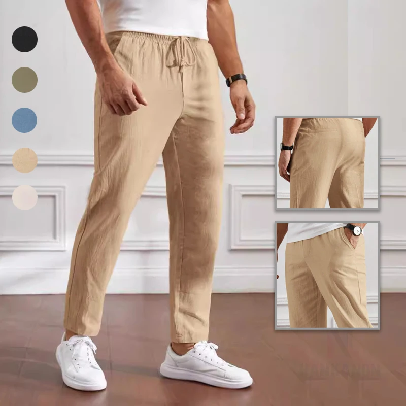 

2024 New Men's Cotton Solid Color Casual Pants, Elastic Waist Spring and Summer Ninth Pants, Breathable, Moisture Wicking