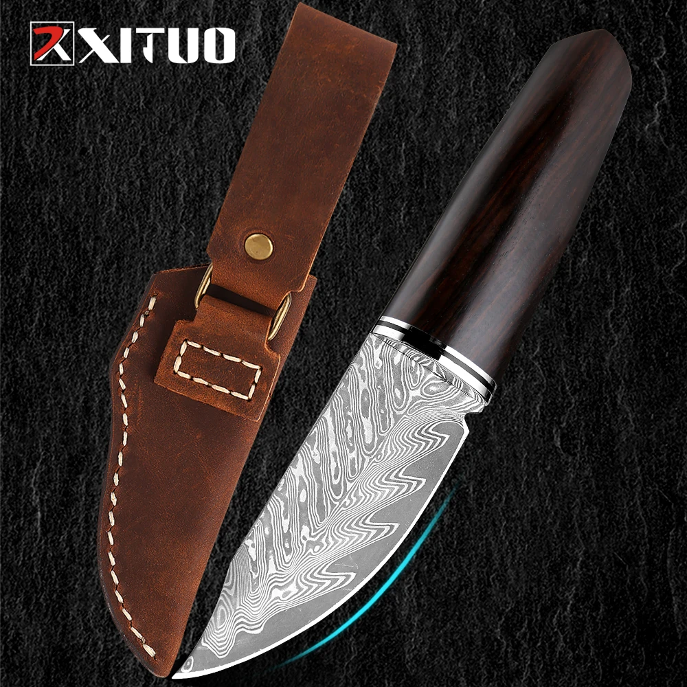 Outdoor Survival Knife Fixed Blade Paring Knife Damascus steel Steel Blade Sharp Hunting Knife Ebony Handle with Leather Sheath
Outdoor Survival Knife Fixed Blade Paring Knife Damascus steel Steel Blade Sharp Hunting Knife Ebony Handle with Leather Sheath