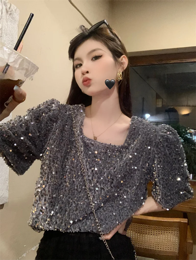 

High quality heavy industry sequin square neck short sleeved knitted sweater for women's clothing 2024 new gray summer short top