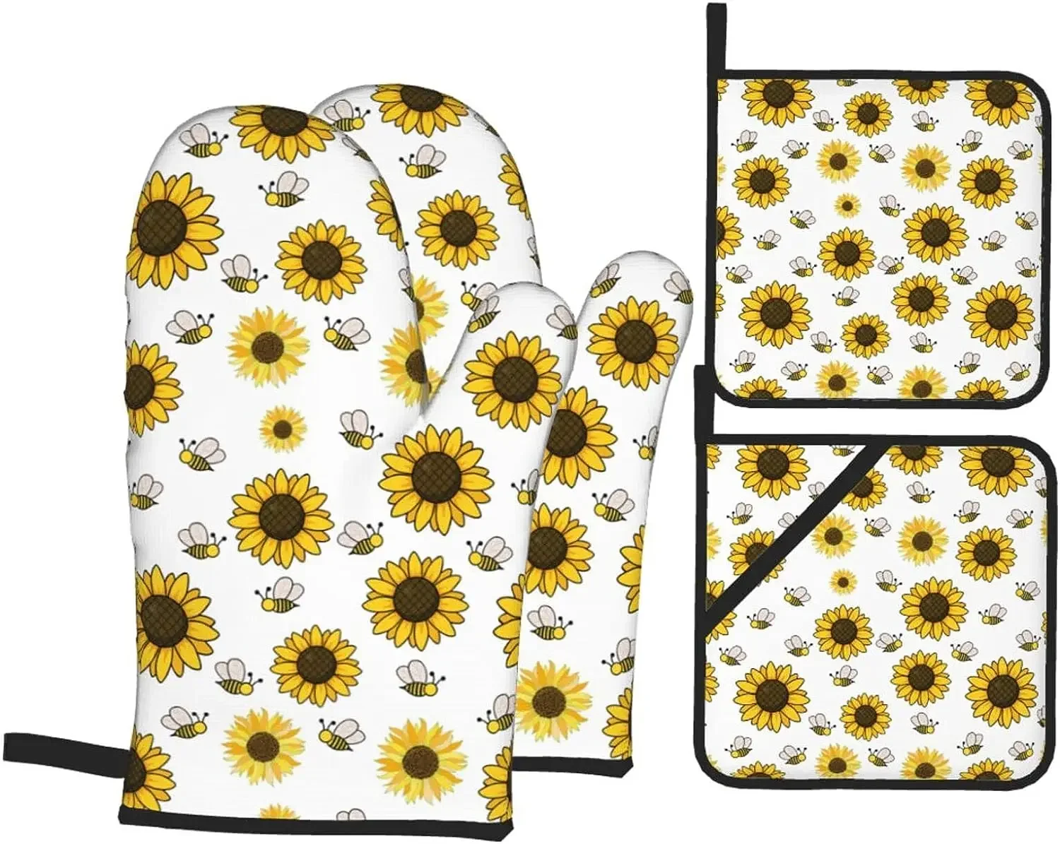 Sunflower Bees Oven Mitts and Pot Holders Sets 4 Piece Heat Resistant Non Slip Oven Mitts for Kitchen Cooking Baking Grilling
Sunflower Bees Oven Mitts and Pot Holders Sets 4 Piece Heat Resistant Non Slip Oven Mitts for Kitchen Cooking Baking Grilling