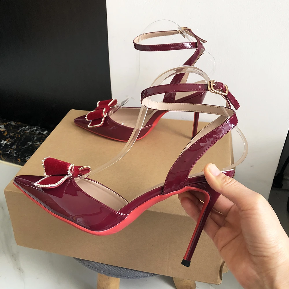 

Heelgoo Designer Wine Red With Bow High Heel Sandals Women's Sexy Pointy Toe Backless Ankle Strap Stiletto Pumps 12cm 10cm 8cm