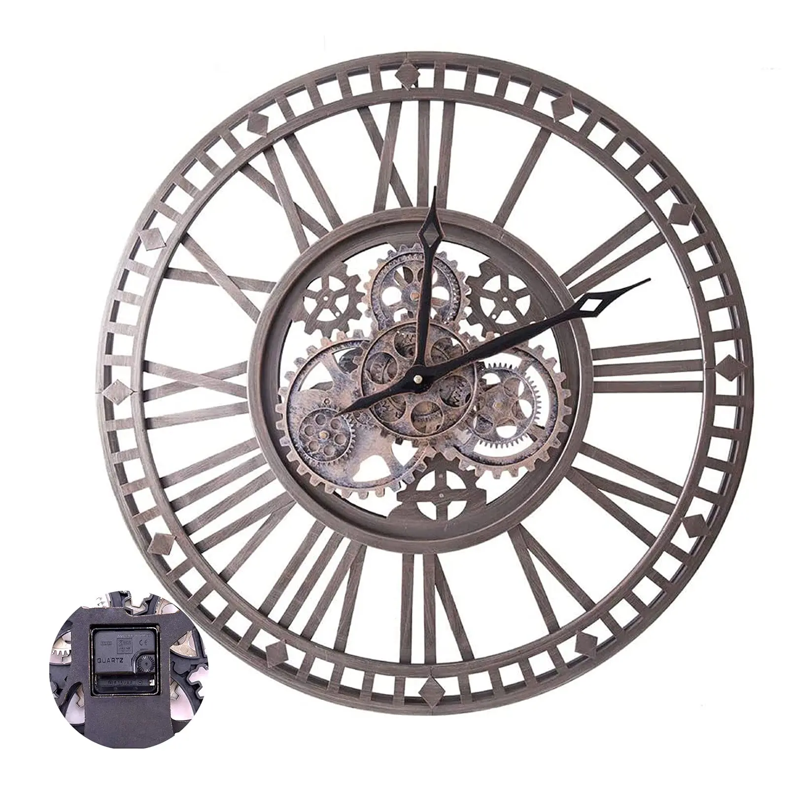 

24 Inch Large Farmhouse Wall Clock Mechanical Gear Wall Clock Retro with Roman Numeral Silent Vintage Nostalgi Clock Room Decor