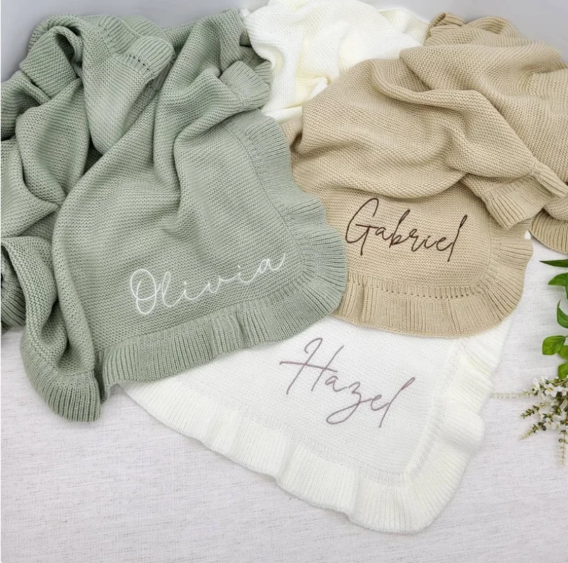 

Name Personalized Soft Knitted Blanket Custom Embroidered Baby Ruffle Edge Blanket Newborn Baby Shower Gift Blanket with Names