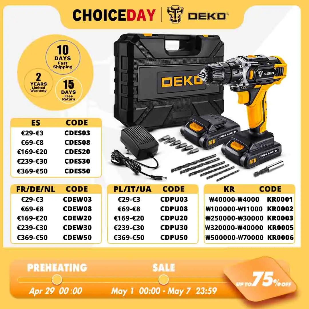 

DEKO Cordless Drill 12V 16V 20V Mini Wireless Power tools DC Lithium-Ion Battery Electric Screwdriver Home DIY Drilling Machine