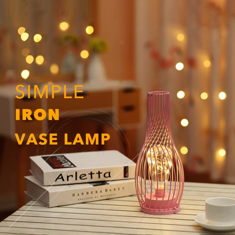 

Wrought Iron Led Night Light Battery Vase Decoration for Home Atmosphere Table Lamp Living Room Lighting Kids Night Lamp Pink