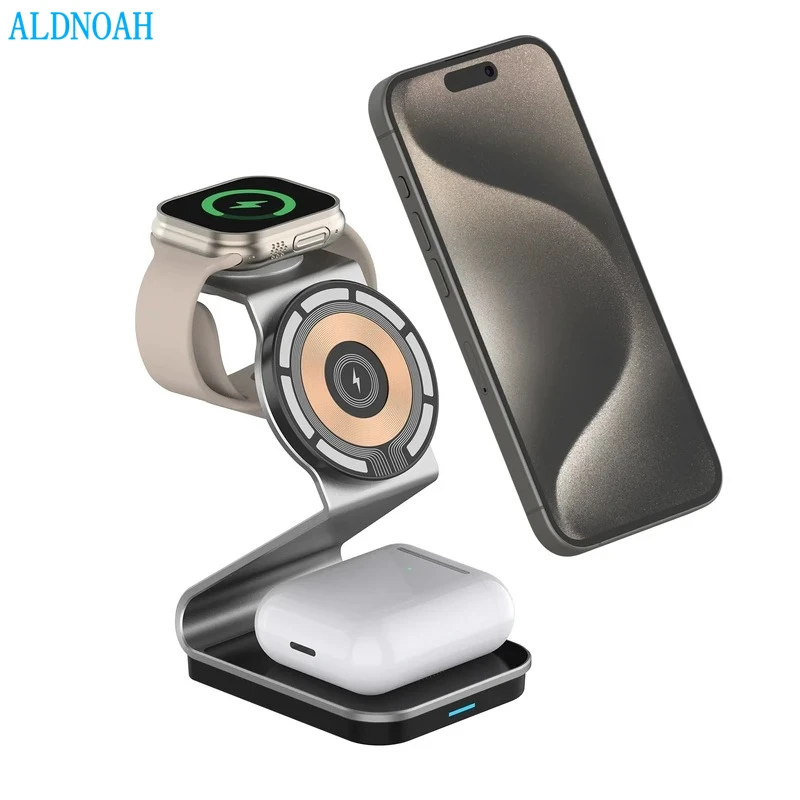 

3 In 1 Magnetic Wireless Charger 15W Fast Charging LED Lamp Station For IPhone 15 14 13 12 Apple iWatch 9 Ultra AirPods 3 Pro 2