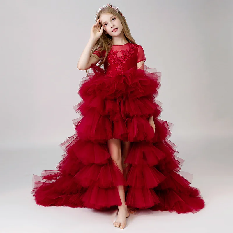 

Little Girls Very Elegant Banquet Tail Dress Teen Girls Princess Party Tutu Gown Children Evening High Low Puffy Pageant Dresses