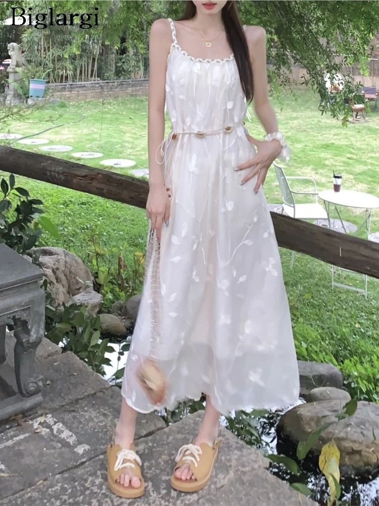

Летнее платье-комбинация без рукавов, модные милые женские платья с цветочной вышивкой, свободное Плиссированное женское длинное платье в Корейском стиле