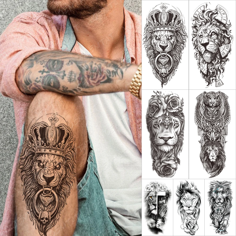 

Водостойкие временные тату-наклейки, Череп, Лев, корона, тату, тигр, волк, крест, животные, женщины, мужчины, боди-арт, временные рукава, татуировки
