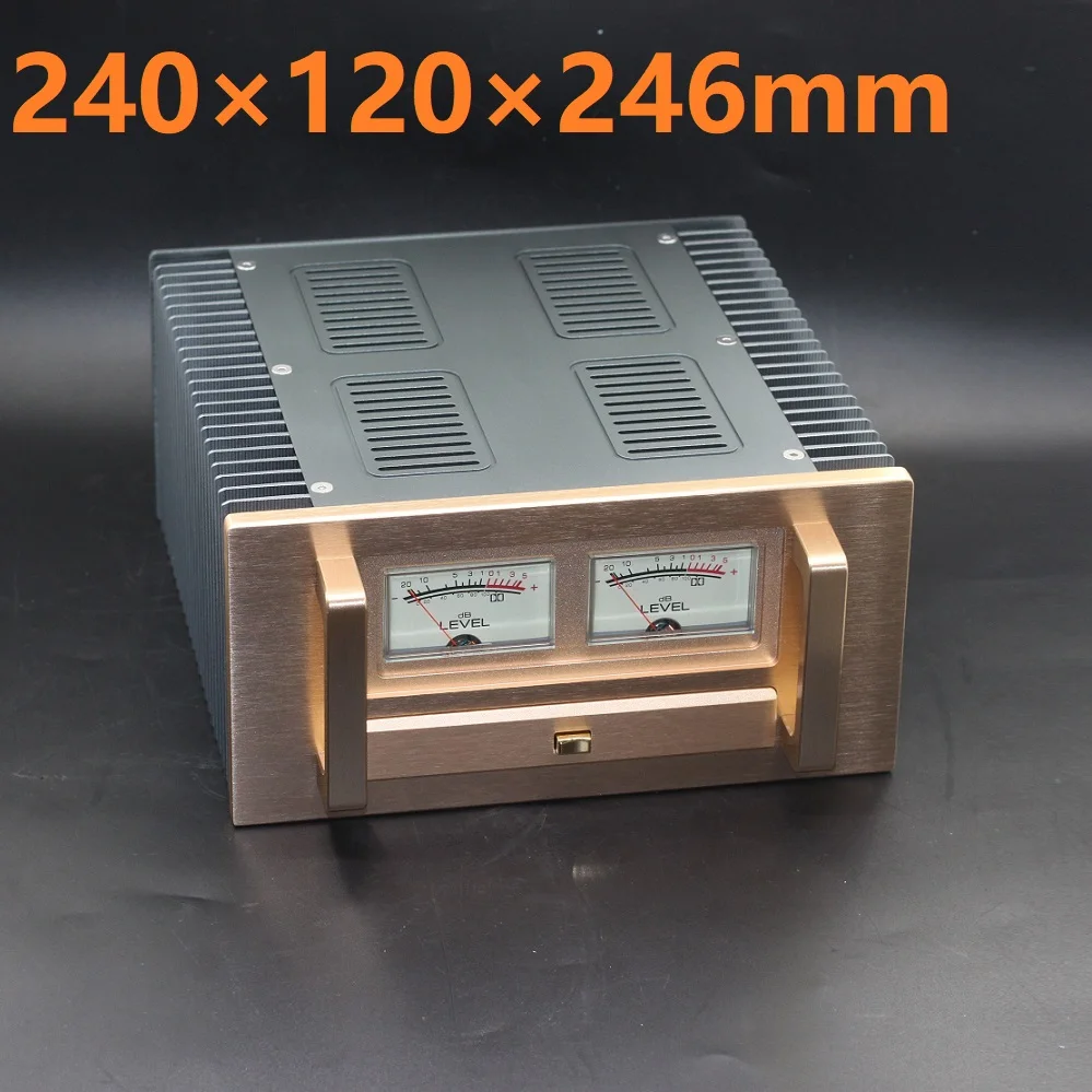 

CNC Gold Panel Class A Radiator Case Dual VU Meters Power Amplifier Chassis DIY HIFI Audio AMP Aluminum Box W240 H120 D246