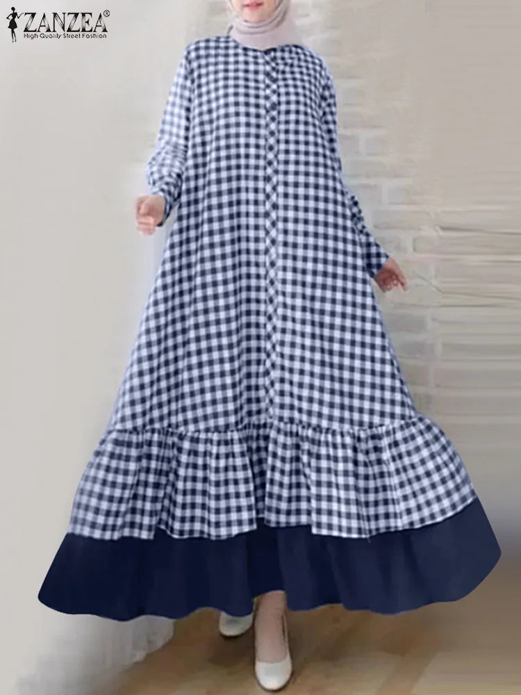 

ZANZEA Casual Plaid Checked Muslim Dress Woman Vintage Party Vestidos Long Sleeve O-Neck Sundress Stylish Turkey Hijab Dresses