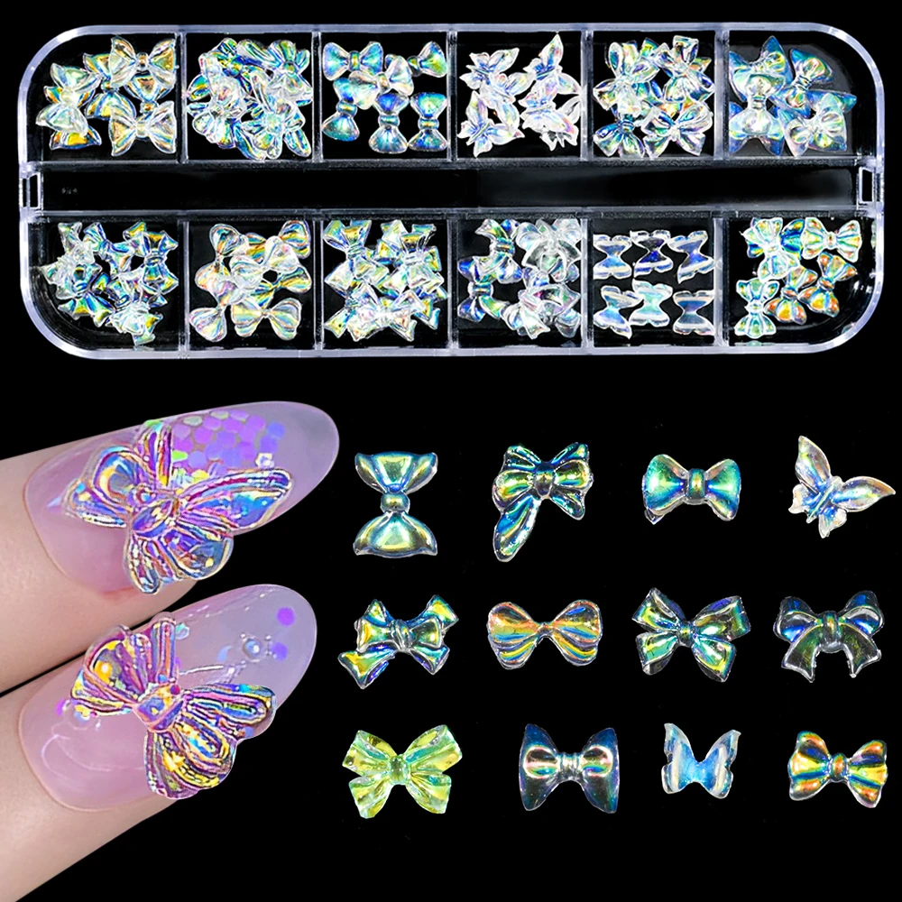 

72pcs/Box Aurora AB Colorful Bowknot Nail Charms Resin Rhinestones Nail Decoration Parts 3D Bows Butterfly Manicure Accessories