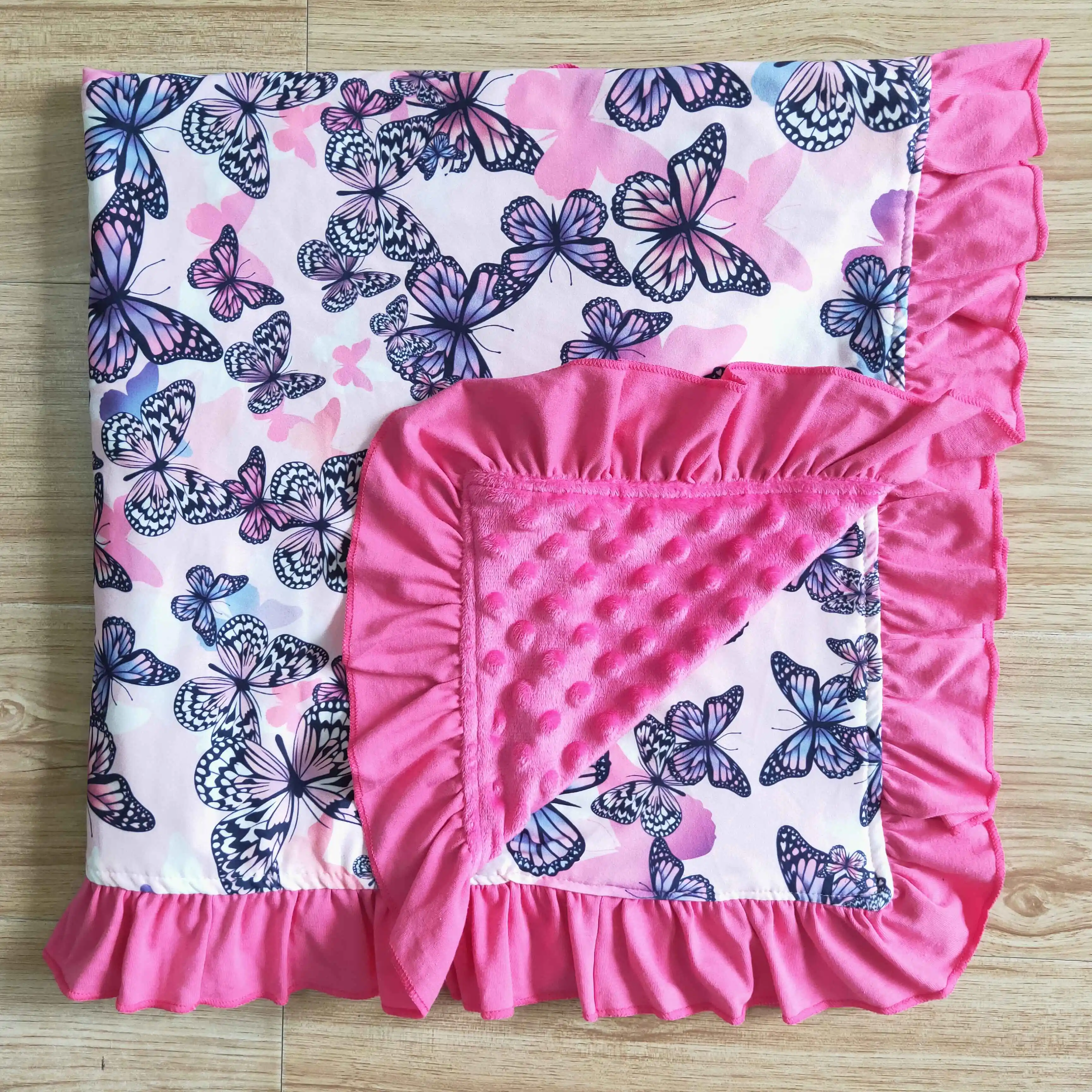 

High Quality RTS B​utterfly Pattern Baby Toddler Muslin Fleece Swaddle Wraps Newborn Ruffle Side Blankets